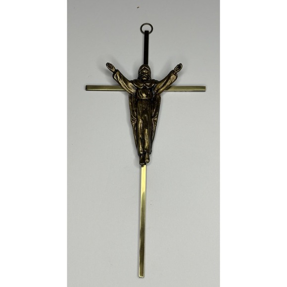 Brass Risen Christ Crucifix Cross 10" Jesus Raised Arms Wall Hanger Religious - Picture 2 of 9